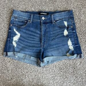 Express Shortie High Rise Distressed Denim Shorts, Size 10